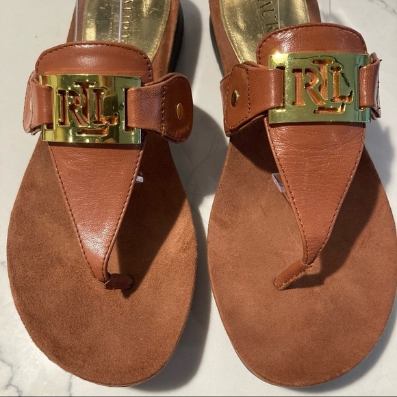 RALPH LAUREN RLR Sz 6 Leather Metal Embellishment Thong Comfort Slide Sandals - Picture 2 of 9